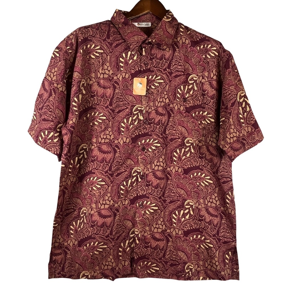 Keris Fashion Mens XL Batik Wax Print Camp Shirt Burgundy Gold Cotton NWT Resort